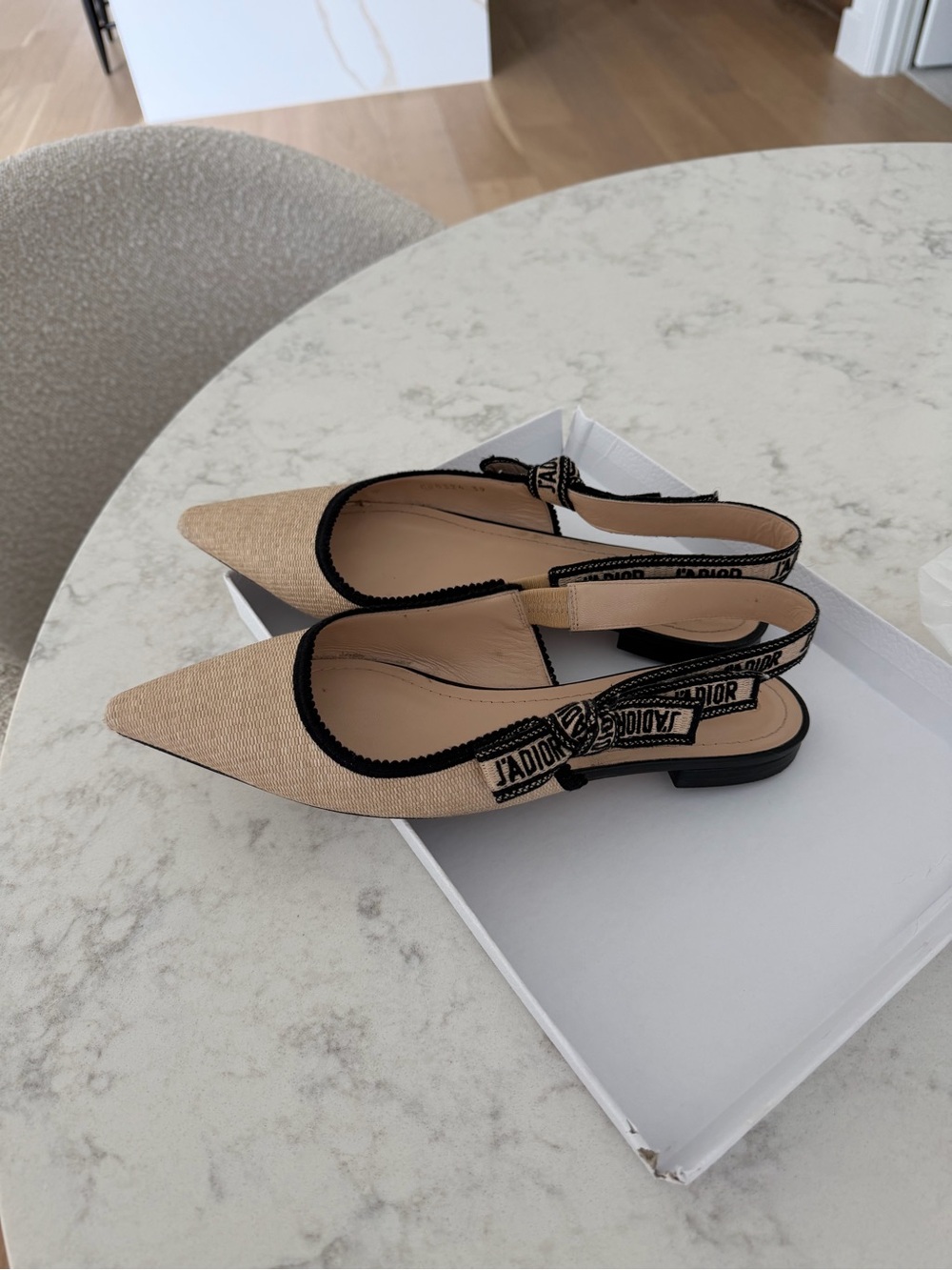 Dior Beige Pointed Raffia Slingback Flats with Black Trimnp - Picture 3 of 6